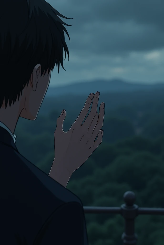 A sad and deep image of someone looking at the horizon remembering the woman he loved. The character that is a male anime version, that only part of the hand is seen towards the landscape that is in 3D and has a dark or gray tone