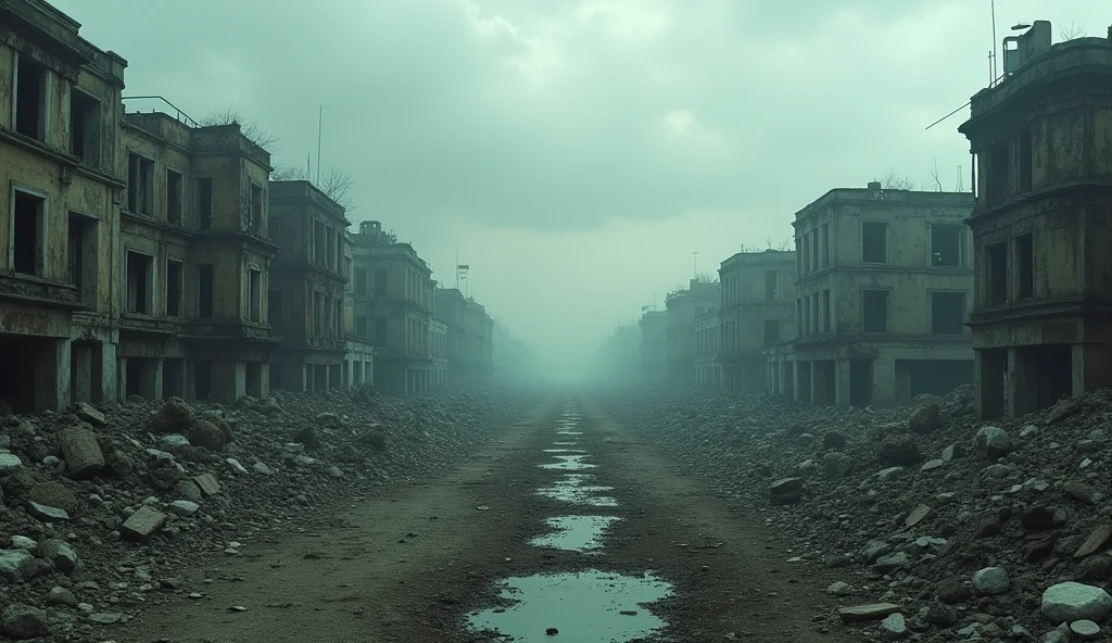 a destroyed post-apocalyptic world, abandoned city, crumbling buildings, debris, rubble, broken windows, rusted metal, dystopian, gloomy atmosphere, overcast sky, desolate landscape, dark and moody, muted color palette, post-war devastation, forgotten and decaying, (best quality,8k,highres,masterpiece:1.2),ultra-detailed,(realistic,photorealistic,photo-realistic:1.37),cinematic lighting,cinematic composition,dramatic lighting,dramatic shadows,cinematic camera angle