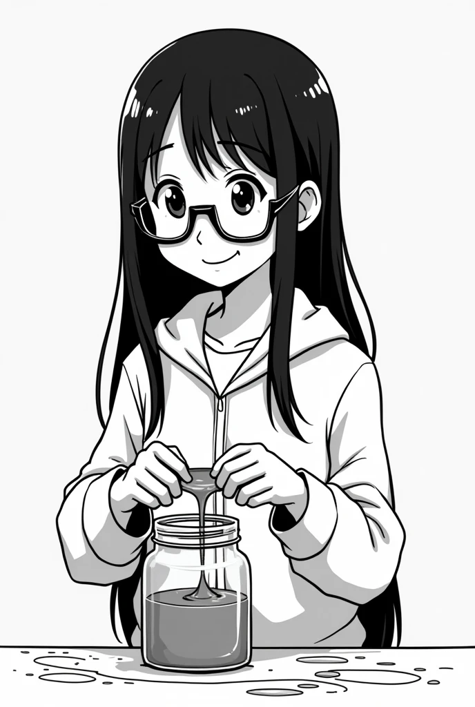 A slim straight-haired girl with glasses slim Latina smiling experiment
(shaking a jar of honey) Honey is a very viscous liquid.." Black and white anime type