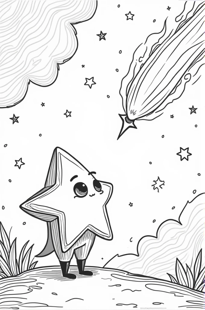 A coloring page of a star admiring a comet 