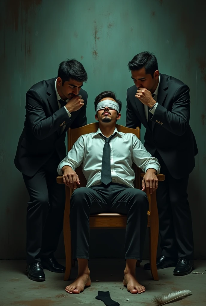 Handsome malay Zarul 19years lawyer
Hefainted
Focus 5toefeet
Shoeless
Rope Hand Tied up wooden chair
blindfolded
feather on floor
Pair of Blacksock on floor
2 mafia pinch their nose
Smelly feet