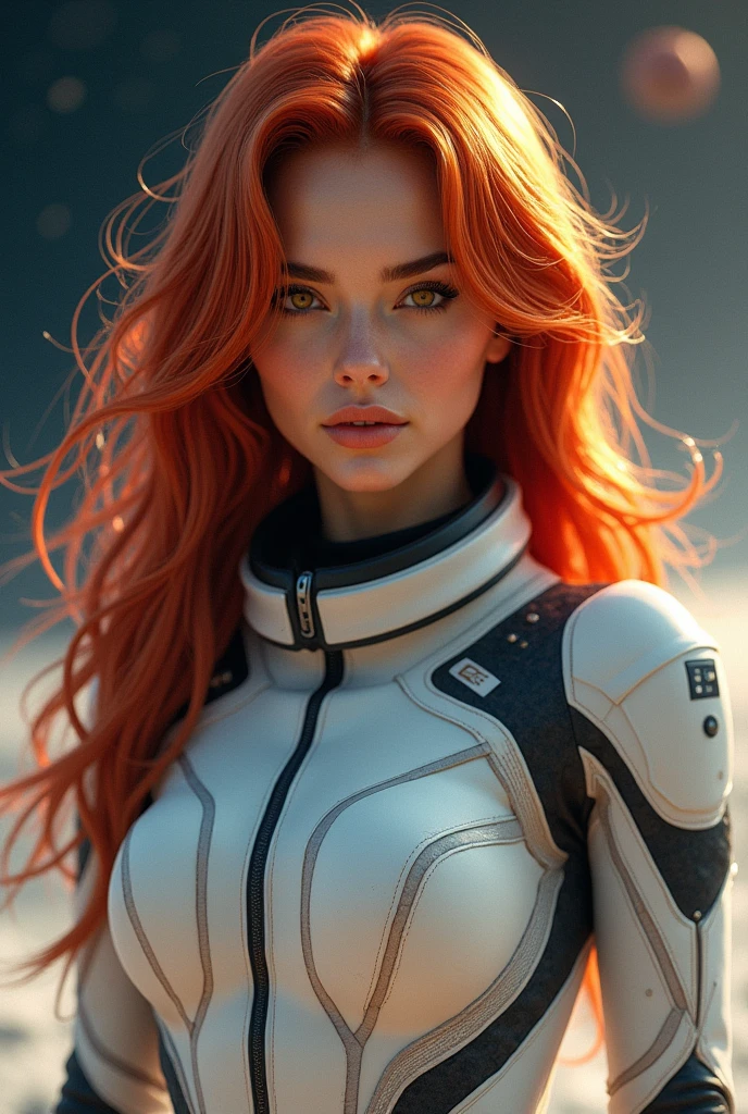 woman in astronaut outfit, very sexy, very attractive, angelic face, most beautiful high definition image, very realistic, long hair, intense brown eyes and very red hair