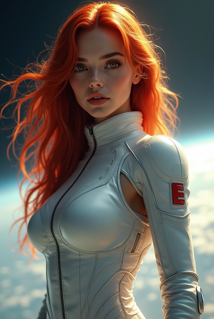woman in astronaut outfit, very sexy, very attractive, angelic face, most beautiful high definition image, very realistic, long hair, intense brown eyes and very red hair