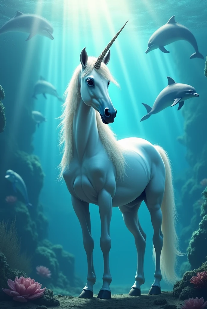 Unicorn with dolphins in the background

