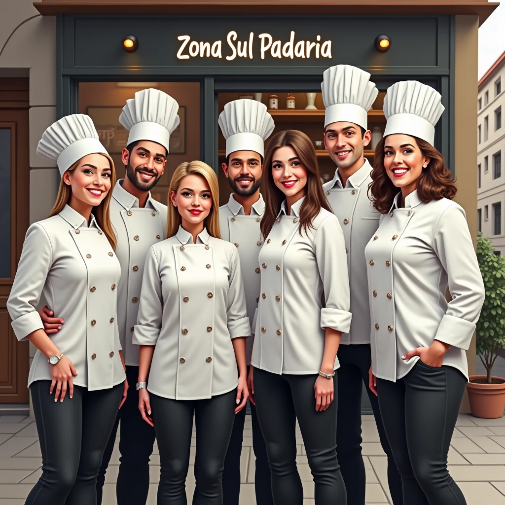 6 people, 4 women and 3 men, wearing chef outfits, in front of a bakery written Zona Sul Padaria