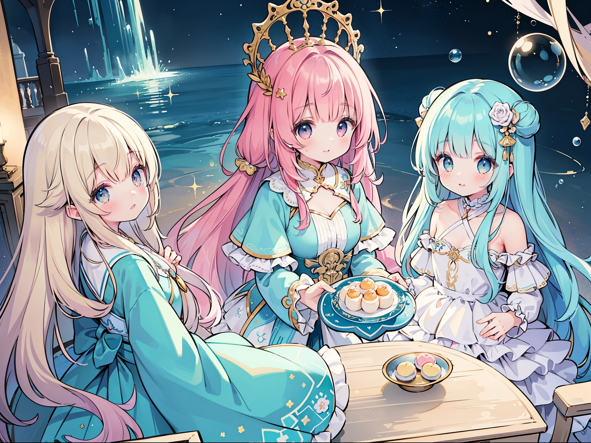 masterpiece, best quality, 8k resolution, sharp focus, intricate detail, beautiful 3girls, sparkling eyes, golden ratio face, otherworldly liquid, watercolor, pastel colors, bright colors, whimsical, colorful, sharp focus, high resolution, fine detail, ((layered tiered puffy long sleeves ballgown)), ((round eyes)), iridescent bubbles, fantasia background