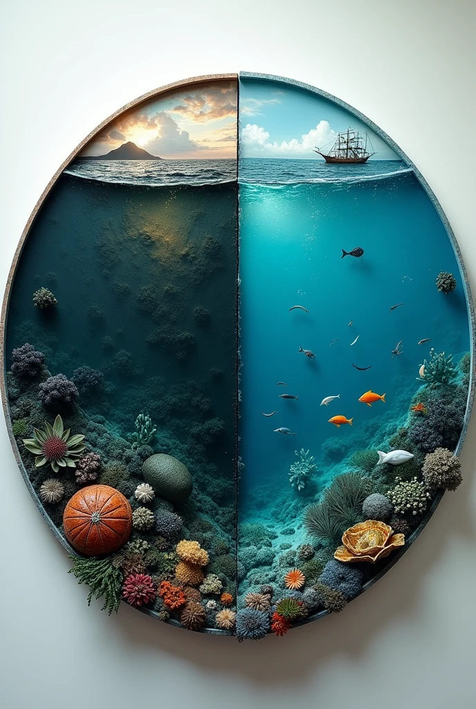 A circular model of ocean pollution by chemicals separated in the center showing a very dirty side contaminated by oil, gasoline and another very well maintained and clean