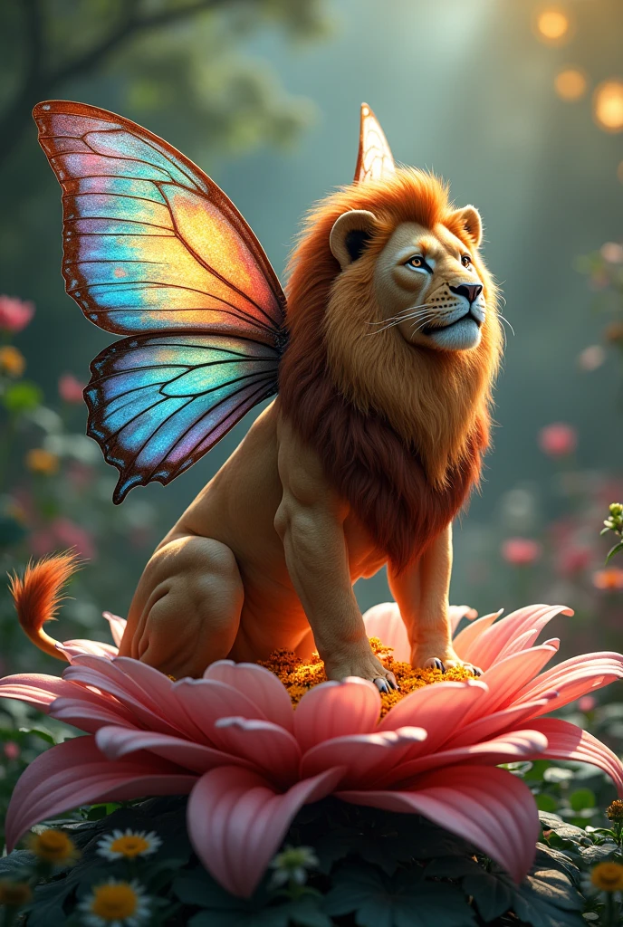 Lion-Butterfly Hybrid fusion: A regal being with the muscular body and majestic mane of a lion, adorned with the vibrant, iridescent wings of a butterfly. It rests on a blooming flower in a lush garden. . ultra HD high resolution 4K