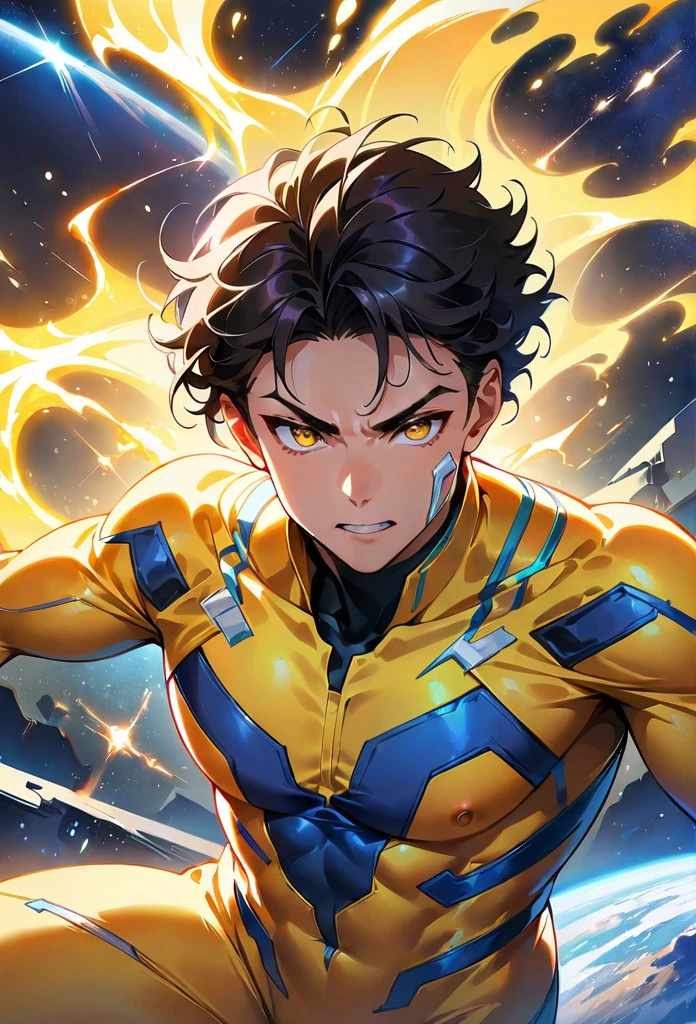 a superhero boy with black hair and yellow eyes, full yellow costume, flying in space, (best quality,4k,8k,highres,masterpiece:1.2),ultra-detailed, studio lighting,extremely detailed face and eyes,intricate superhero costume,dynamic action pose,glowing yellow energy,sci-fi space background,cinematic lighting,vibrant colors
