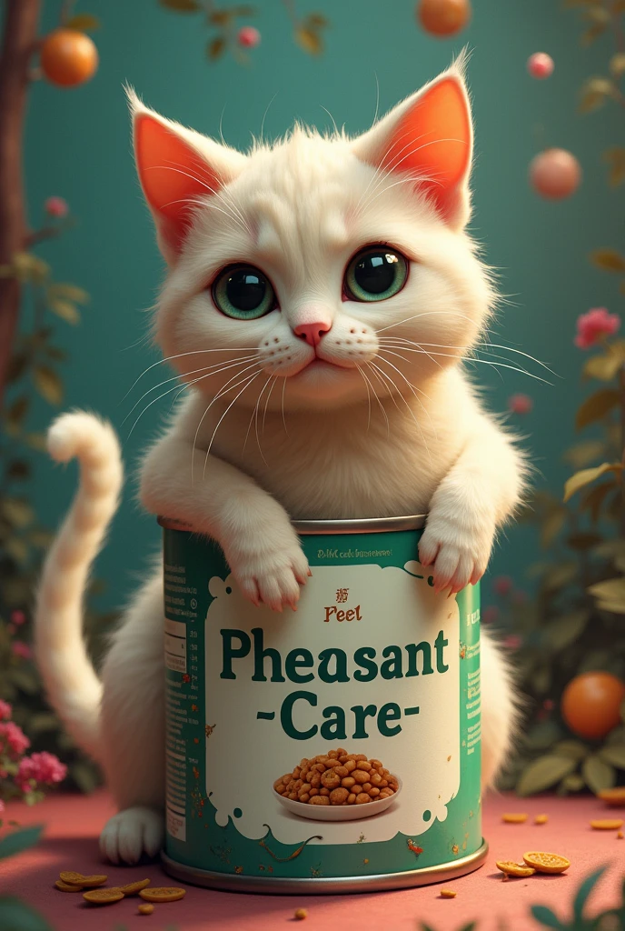 Create a can of cat food, where a cat comes out, that has the name of Pheasant-care 