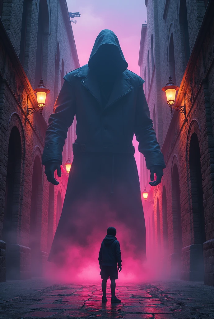 A character in human form, with a simple but modern outfit, fight against a dark and threatening shadow that represents an action verb. The scenery is a mix of ancient stone streets, in medieval style with modern neon lights flashing on the buildings.