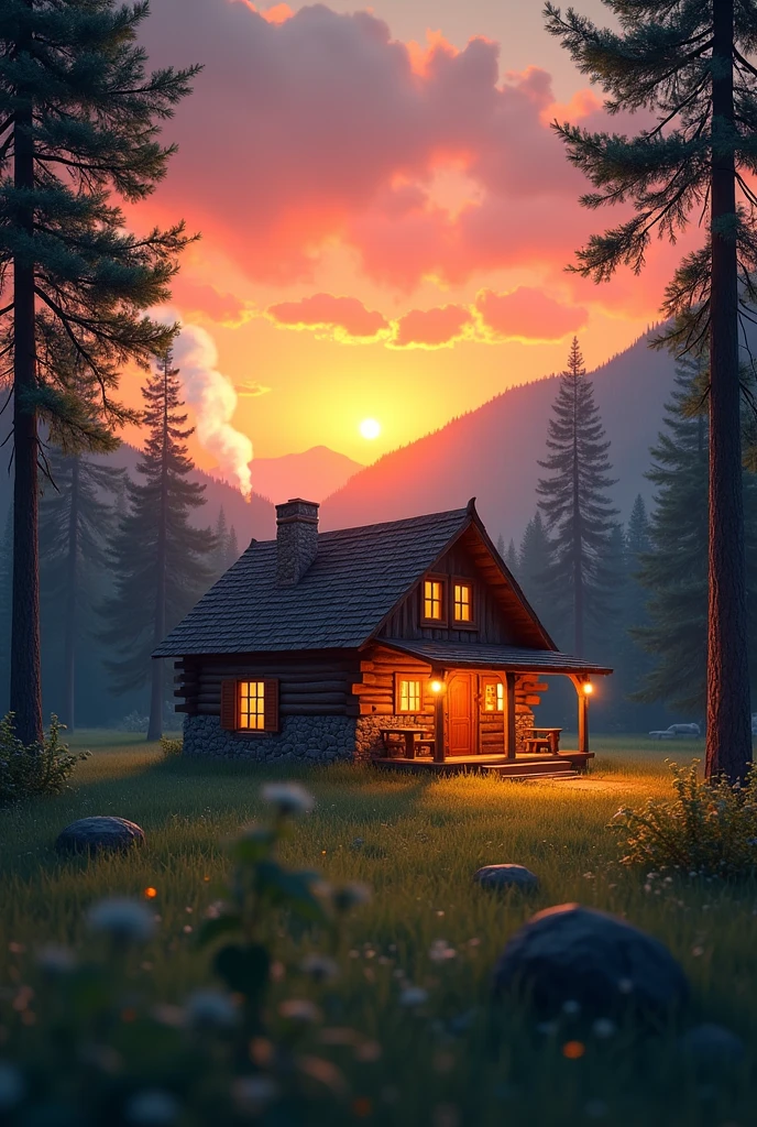 4K quality. A cabin in a clearing with a slight orange tinge from the sunset