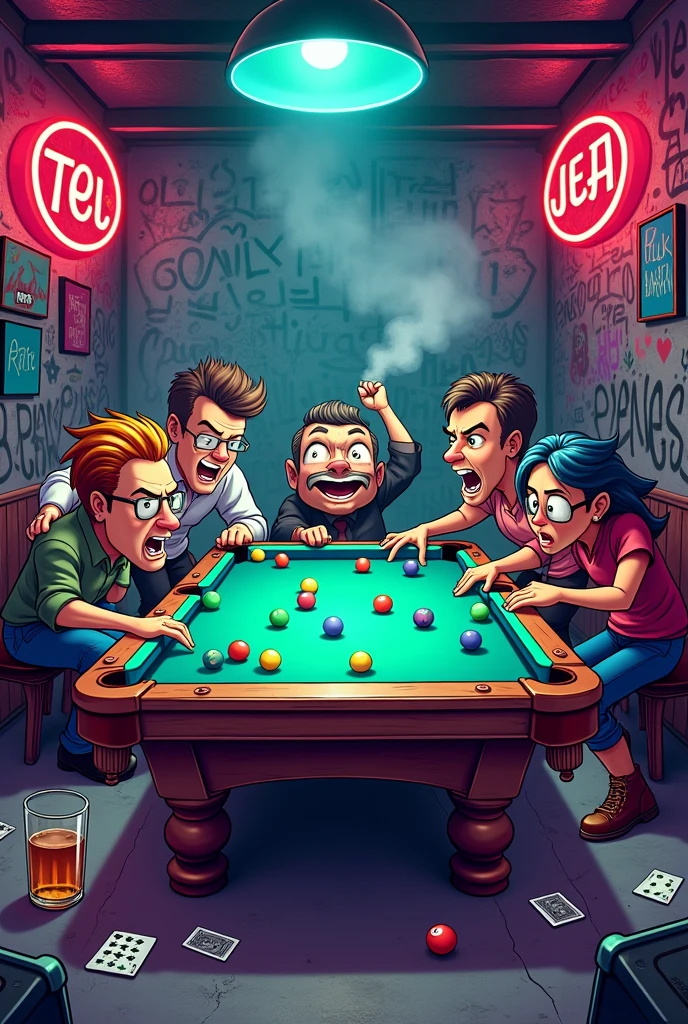 pool balls, playing cards, whiskey, graffiti,cartoon,