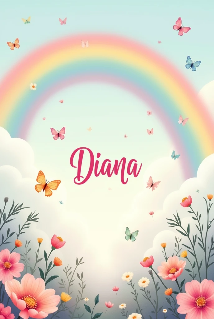 Rainbow and clouds with flowers and butterflies in minimalist pastel tones, with the name DIANA in the middle of the image