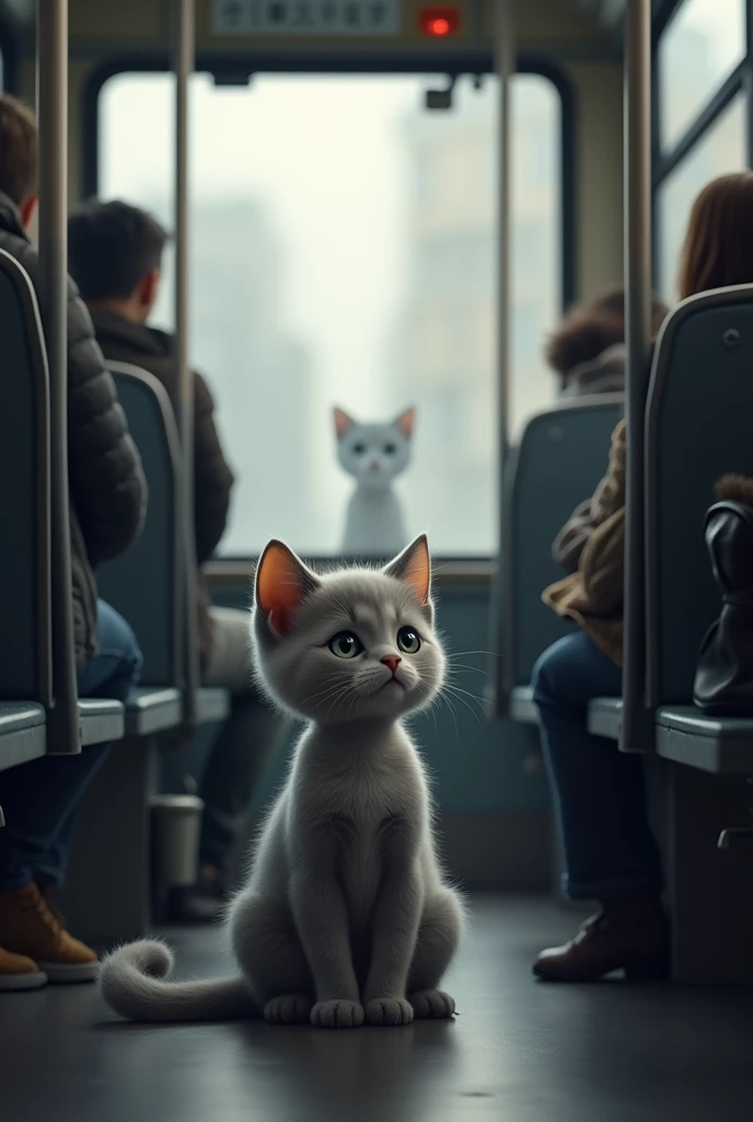A grey kitten on a bus waiting for another black kitten to board the bus as it drives away