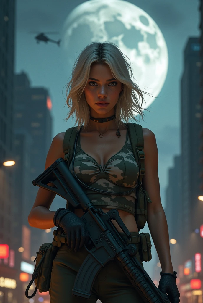 )Realistic、Photorealistic、Realistic skin texture、Photo quality、high resolution、High definition、Beautiful arabian girl、The upper body is wearing a camouflage bra top.、Manhattan night view、Very beautiful 1 female soldier、Carrying a military backpack、Wearing a bulletproof vest、Aiming an automatic rifle、Holding a realistic sniper rifle、Blond medium-long hair fluttering in the wind、Wearing an intercom headset、Young face、A military helicopter flies in the sky、The background is a skyscraper district、Smoky battlefield、The background is the night sky、A huge full moon in the center of the sky、The person is a full-body angle、Watching the audience