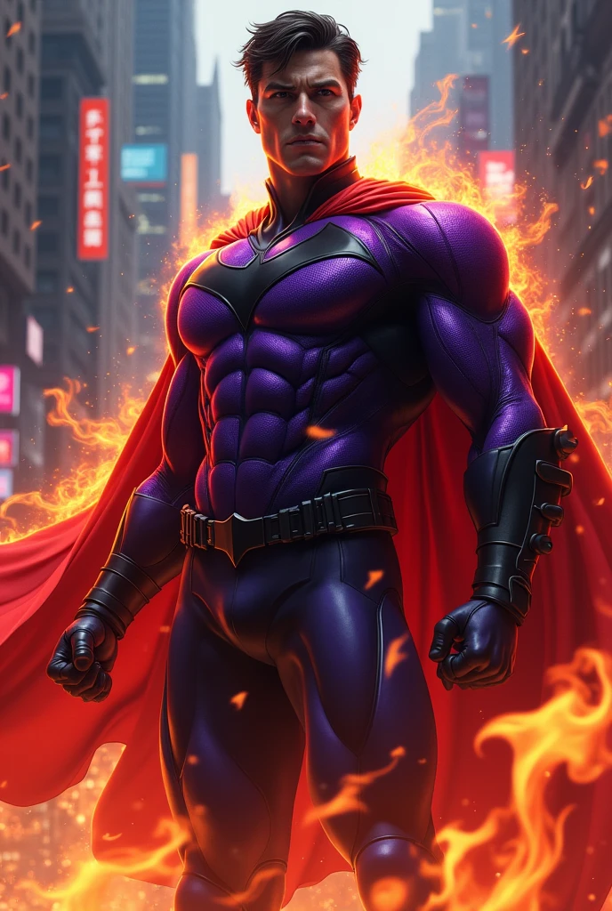 Create a hero with fire powers, purple uniform with black details and a red cape, with the character&#39;s traits, male Nightwing, no symbols 