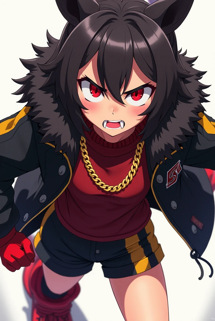 Anime girl with angry personality.
His clothes are:
1. **Black jacket with skin-colored fur collar:**
2. ** under the jacket, a dark red sweater:**
3. **black shorts, that have a yellow line on the sides:**
4. **big red sneakers, with white details**
5. **red gloves**
6. **thick gold necklace**
7. **Gold tooth*