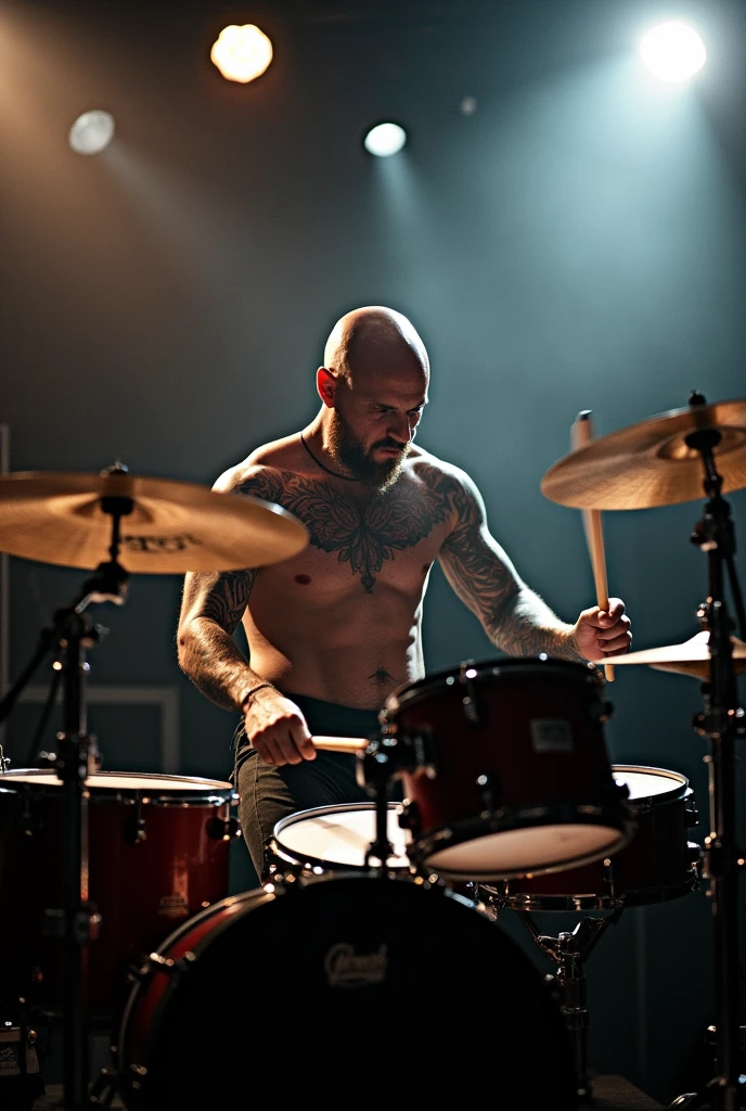 Skinhead drummer、live house、smoke、Bright lighting、