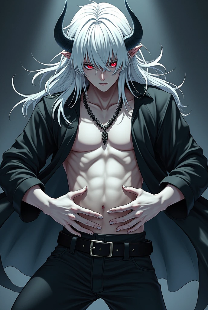 strong demon boy, adult, Red eyes, long white hair, has a necklace, white skin and wears boots, chest, ink style, Anime 2d, has boots, It's like he's on top of you, cornering you with his hands., tender and serious view, focused on his abdomen and mouth