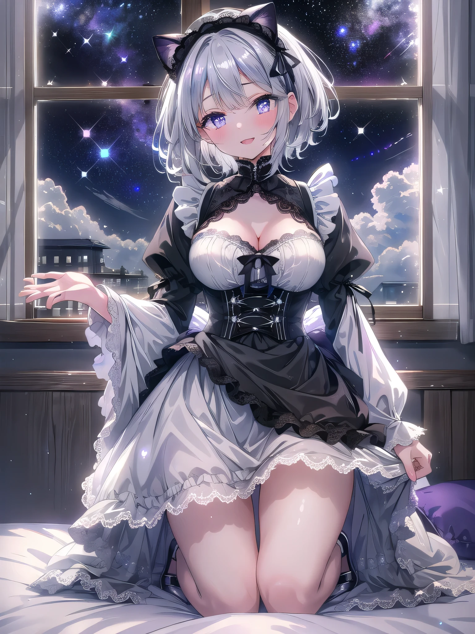 ((8k, highest quality, masterpiece: 1.3)), ultra-high resolution, (1 girl, alone), (color-changing eyes, super detailed, expressive glow, sparkling, shining eyes), highly detailed slightly greyish blue-purple eyes, highly detailed face, short hair, (droopy eyes: 1.2), (hair color, cloud gray), white cat ears, (ecstatic expression: 1.2), white skin, black-based maid outfit decorated with white lace, cleavage, (bedside at home, dim: 1.1), starry sky outside the window, frontal angle, sexy pose