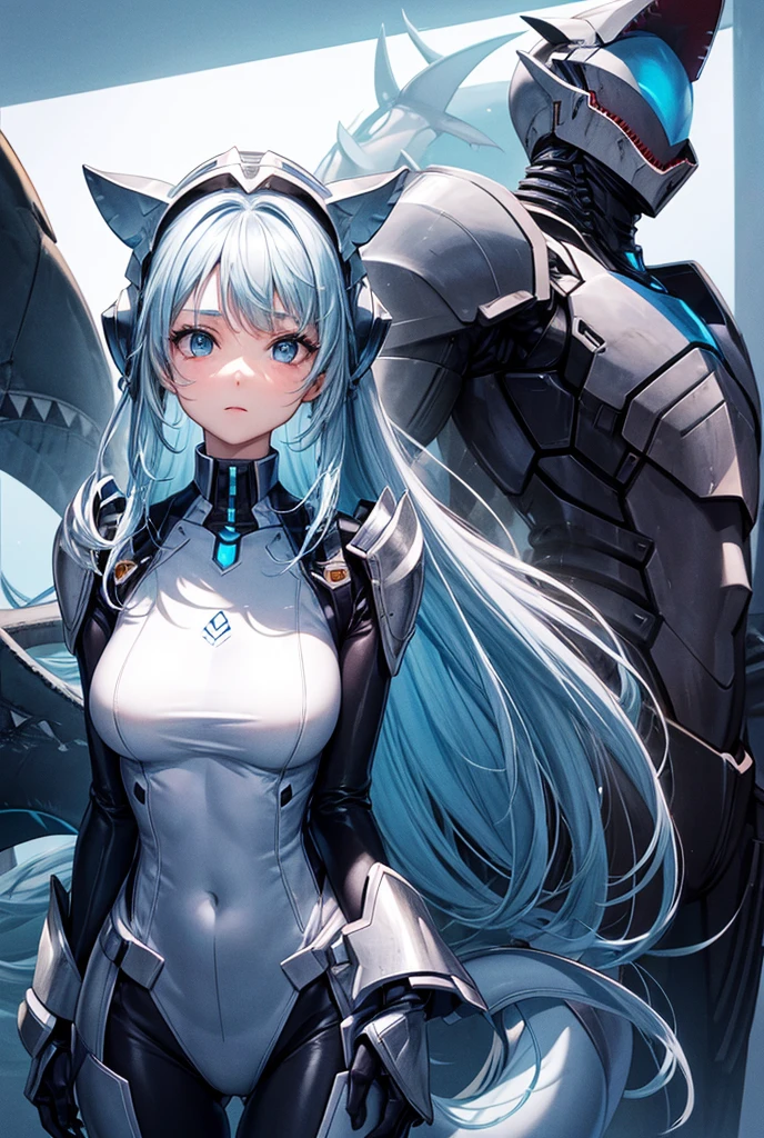 A beautiful girl wearing a high-necked bodysuit that fits snugly up to her neck(20th Generation)Equipped with shark-type robot armor. Rounded shoulder armor. Fin-shaped armor on arms. Long hair and side tail.