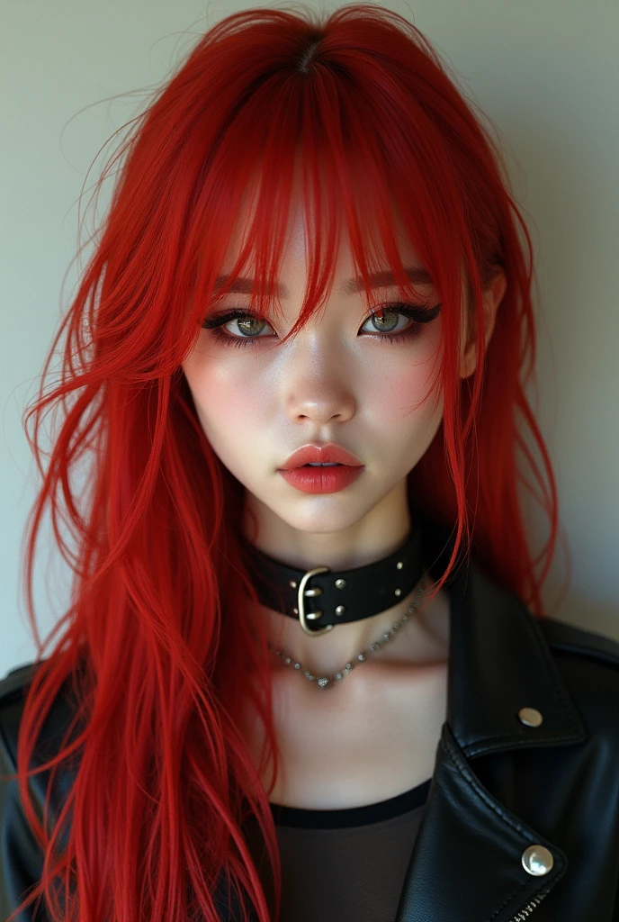 generates a realistic front view photo of a young Japanese girl with red hair and rocker style