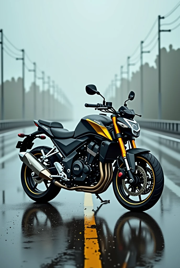 just a black and gold CB 600 Hornet motorcycle, without anyone on top of her, on a clear and rainy day but focusing on the bike, stopped on a highway but with no traffic around