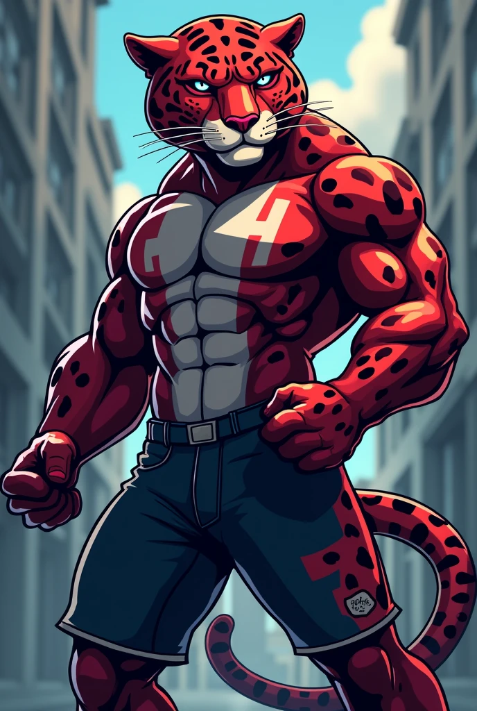 Jaguar medicine class mascot with strong biceps and burgundy with black