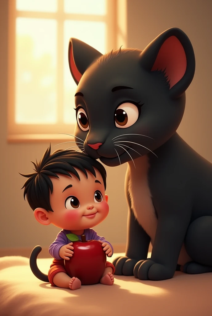 Pixar-inspired illustration of a baby Indonesian superhero sitting and holding a round shiny dark red wooden toy in the shape of an apple, smiling with big brown eyes with intricate iris details, more hair, thin cheeks, and a slim body, with precise leg detail. Close up of a large baby panther with intricate charcoal drawing details, both on a soft and comforting blurred background. The scene is illuminated with diffused lighting, creating a serene mood, with a spirit of gratitude for the gift of life, no complaints, no requests just grateful to be alive. Created Using: bright colors, unique elements, soft gradients, subtle shadows, minimalist elements, blurred edges, muted tones, seamless blend, warm shadows, digital painting, soft contrast, s