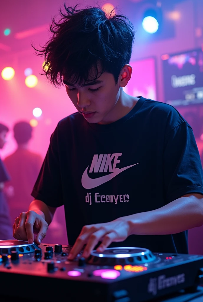 Create an boy with black hair mixing as a DJ with a black Nike shirt with the name DJ FRENYER underneath