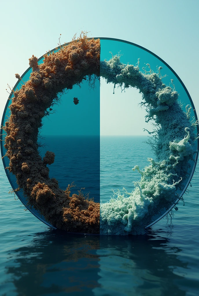 A circular model of ocean pollution by chemicals separated in the center showing a very dirty side contaminated by oil, gasoline and another very well maintained and clean one that is realistic 
