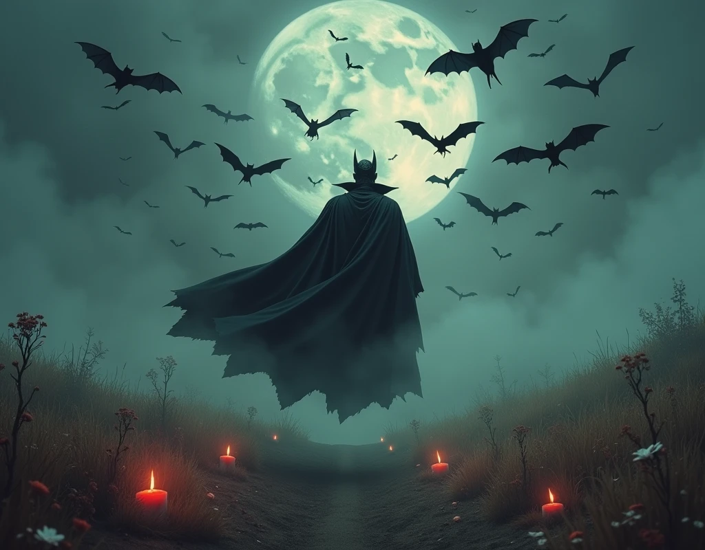 Vampire king, Flying, floating, A Vampire lord Emerging from a dense swarm of bats, detailed bats, magic smoke evaporates from his body, some short and melted red candles on ground, Some dying flowers amongst the grass, harvest moon, misty hills, fall time, smokey magic, dark magic, evil magic, magic specs in air, fury, anger, beautiful landscape, gloomy landscape, epic