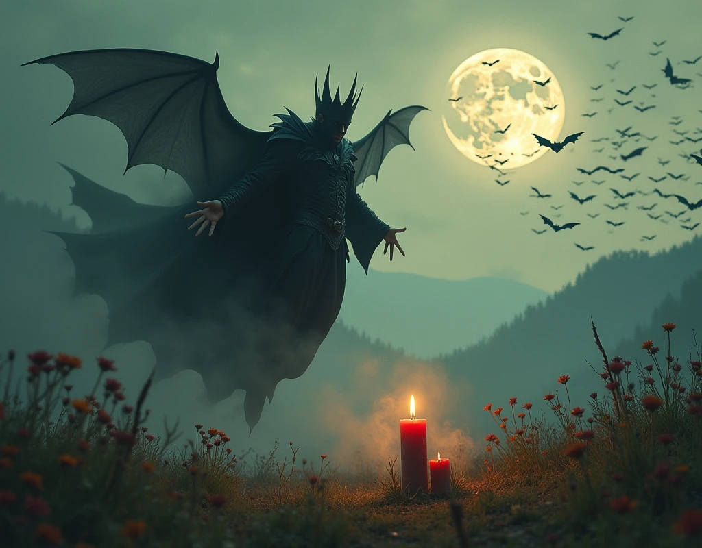 Vampire king, Flying, floating, A Vampire lord Emerging from a dense swarm of bats, detailed bats, magic smoke evaporates from his body, some short and melted red candles on ground, Some dying flowers amongst the grass, harvest moon, misty hills, fall time, smokey magic, dark magic, evil magic, magic specs in air, fury, anger, beautiful landscape, gloomy landscape, epic