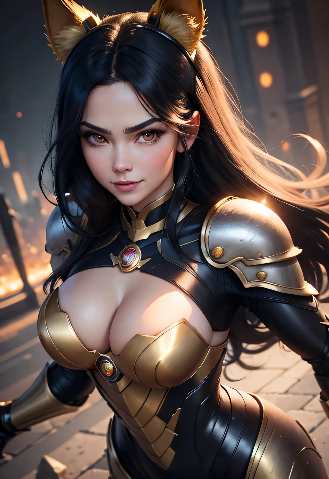 Full-length hyperrealistic photograph of a beautiful woman, black hair, hair bobbles, wince, longeyelashes, solid circle eyes, fake animal ears, light smile, ear blush, fang, ccurate, shiny red and gold tight armor suit, Surrealism, drop shadow, anaglyph, stereogram, tachi-e, pov, atmospheric perspective, 8k, super detail, best quality
