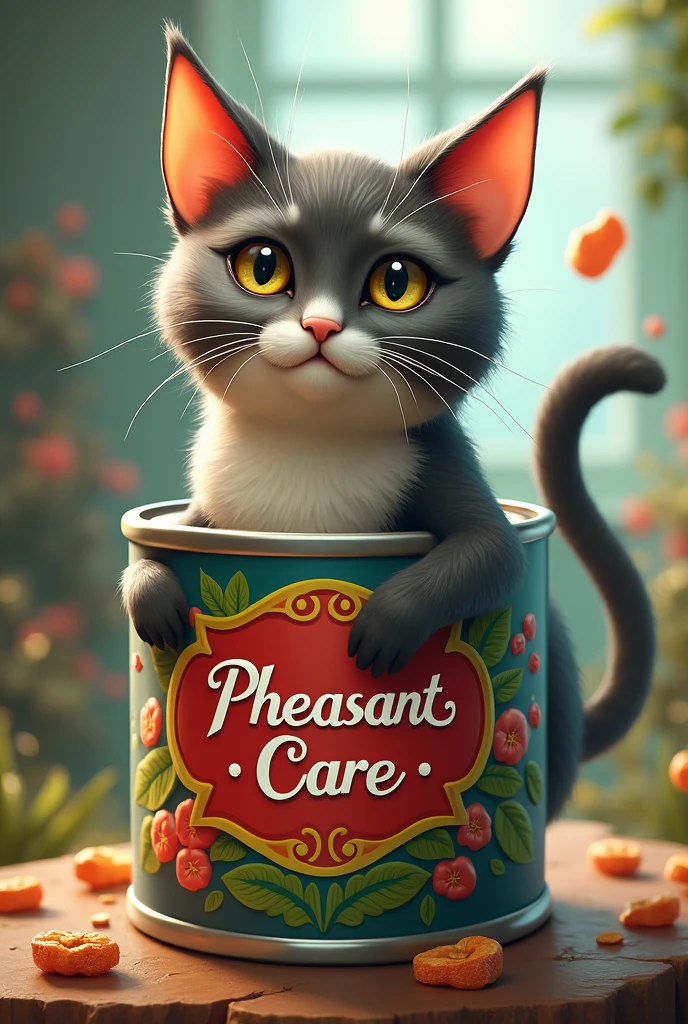 Create a can of cat food, where a cat comes out, that has the name of Pheasant-care