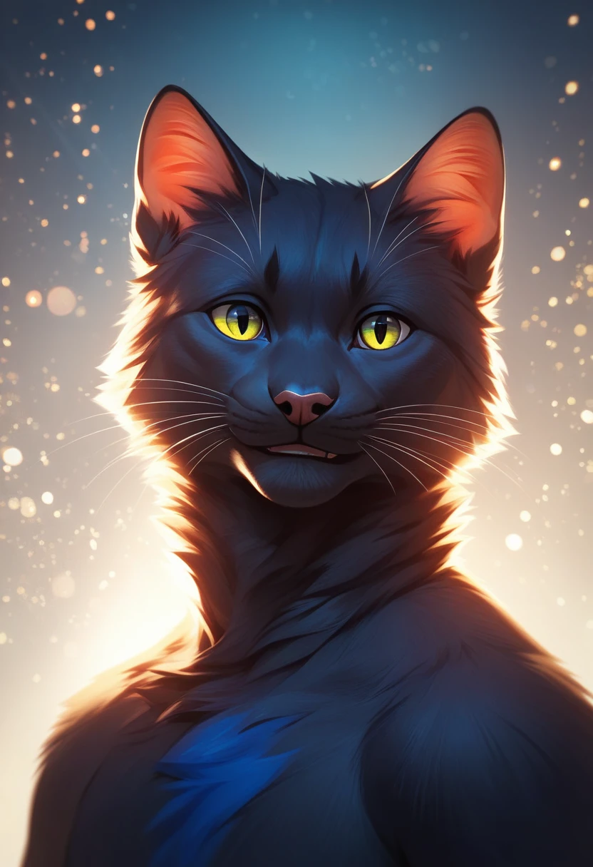 solo male, cat , furry, smiling, dark blue fur, Black fur stripe, netral, dynamic lighting, illustration, beautiful, particles (high quality,4k,8k,highres,masterpiece:1.2), ultra-detailed, impressionistic:colorful,