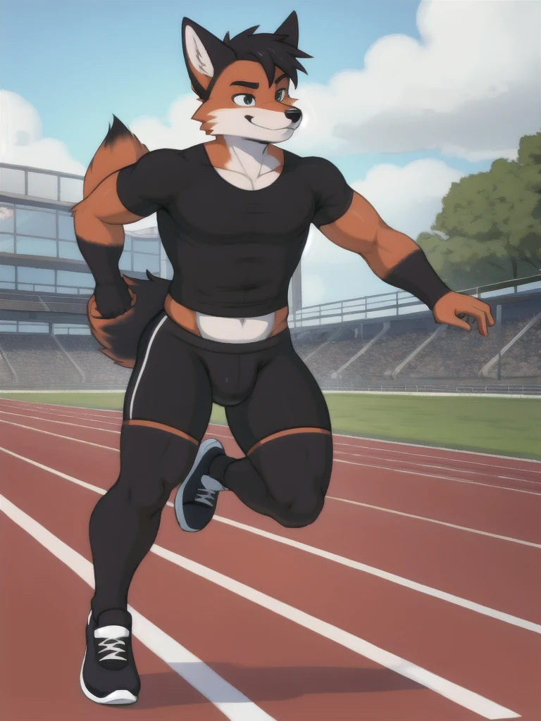 Furry, fox, male, black shirt, black spandex bike shorts, shoes, running track, solo, full body