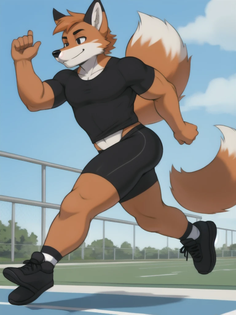 Furry, fox, male, black shirt, black spandex bike shorts, shoes, running track, solo, full body