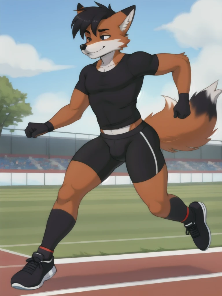 Furry, fox, male, black shirt, black spandex bike shorts, shoes, running track, solo, full body