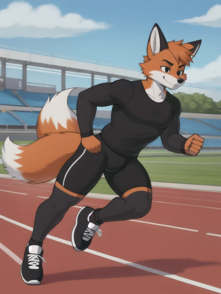 Furry, fox, male, black shirt, black spandex bike shorts, shoes, running track, solo, full body