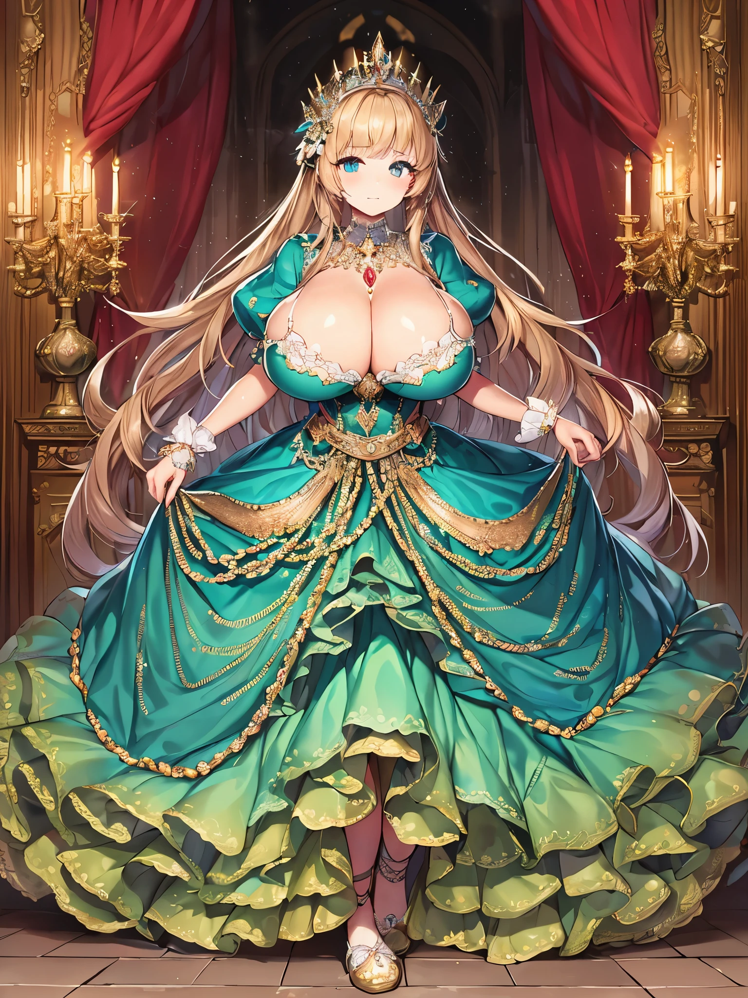 moe anime artstyle,Masterpiece,Best Quality,Super Detail,(Very Delicate and Beautiful),Solo,full body,((full body)),absurdly gigantic breast,(((1 princess in beautiful embroidery and jeweled gorgeous rococo ballgown with voluminous full length crinoline hoop skirt))),(((absurdly gigantic tits,absurdly gigantic breast))),deep cleavage,curvy,Skindentation,((detailed face and eyes)),jewel-like eyes,((crinoline,long train)),beautiful embroidery and jeweled rococo ballgown with voluminous full length crinoline hoop skirt,voluminous rococo ballgown with voluminous full length crinoline hoop skirt,((bling-bling voluminous rococo princess ballgown with voluminous full length crinoline hoop skirt)),((absurdly long Straight hair)),extremely gorgeous hair ornament,((extremely gorgeous big tiara)),luxurious jewelry,(((beautiful embroidery and jeweled gorgeous rococo ballgown with voluminous full length crinoline hoop skirt))),(absurdly gigantic tits,absurdly gigantic breast),(((indoor,bedroom))),Looking at viewer,((full body))