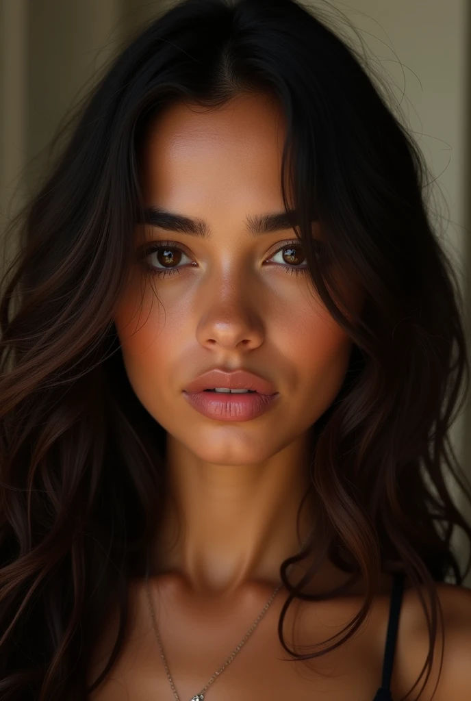 Make a girl with these characteristics - Age: 19 years - Gender: Female - Face: oval, chubby - Skin tone: warm, brown - hair: long, wavy and dark brown - Eyes: big ones, dark, black slanted - Nose: Of average size and shape - Lips: Of a fleshy size - Ethnicity: Latina - Additional Features: natural marks on the face, brunette look - thin outlined eyebrows
