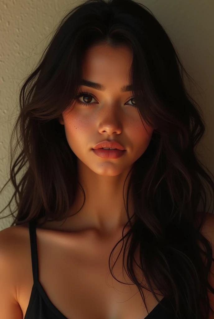 Make a girl with these characteristics - Age: 19 years - Gender: Female - Face: oval, chubby - Skin tone: warm, brown - hair: long, wavy and dark brown - Eyes: big ones, dark, black slanted - Nose: Of average size and shape - Lips: Of a fleshy size - Ethnicity: Latina - Additional Features: natural marks on the face, brunette look - thin outlined eyebrows
