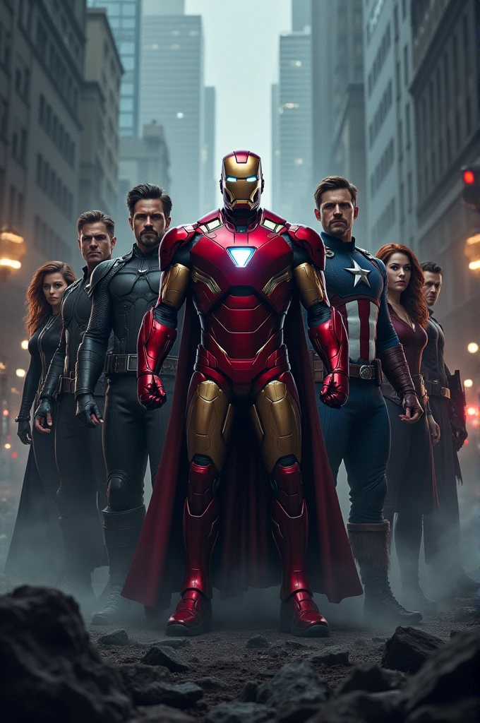 All Avengers team and iron men in front side in dark knight