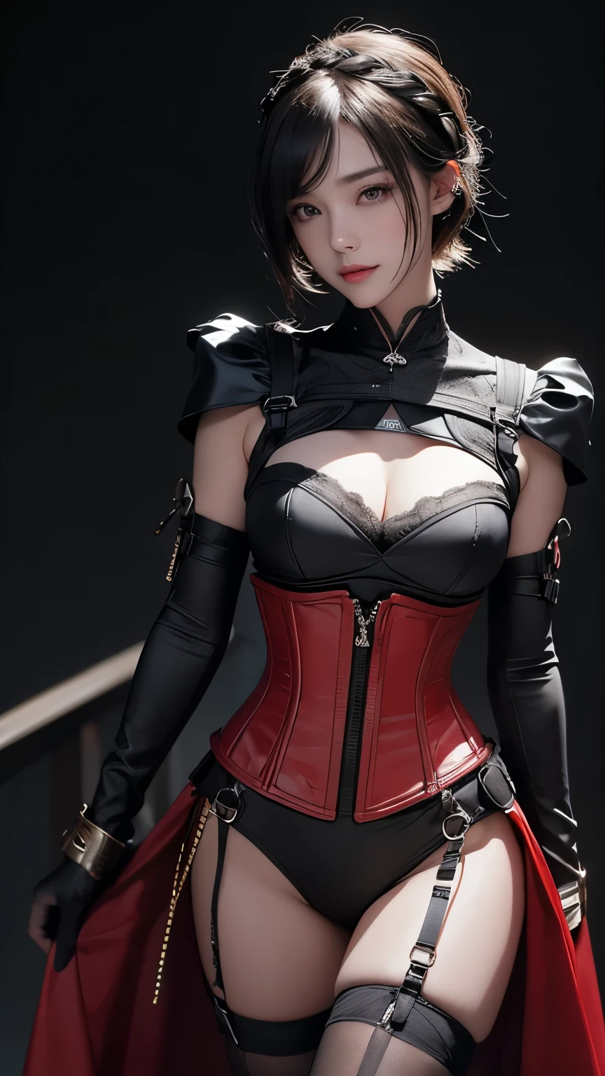 masterpiece, Highest quality, Very detailed, To the camera, 複雑に詳細なVery detailedな, Realistic, Sharp features, Very detailed, Sharp focus, Perfect Face, Perfect Face, Perfect symmetry and perfect eyes, Perfect Plump Lips, Flexible female form, Cinematic, Film Light, Very detailedな, hyper Realistic, masterpiece, Atmospheric, High resolution, Vibrant, Dynamic Studio Lighting, ((Dark Background)), The facial expression when feeling happy, handcuffs, BDSM, slave, Rubber, Red Corset, (赤いfirst round), ((Highest quality, 8k, masterpiece: 1.3)), Sharp focus: 1.2, Beautiful woman with perfect figure: 1.4, Slim Abs: 1.2, Wet body: 1.5, Very detailedな顔と肌の質感, Detailed eyes, double eyelid, Very short hair,((Sm嬢)),((m嬢)),handcuffs,first round,Red and black outfit