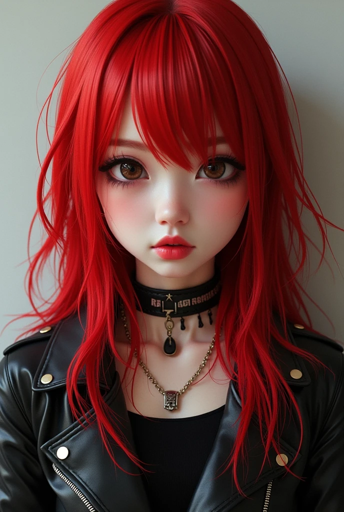 generates a realistic front view photo of a young Japanese girl with red hair and rocker style
