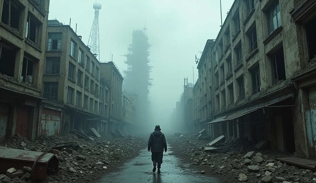 a destroyed London post-apocalyptic world, abandoned city, crumbling buildings, debris, rubble, broken windows, rusted metal, dystopian, gloomy atmosphere, overcast sky, desolate landscape, dark and moody, muted color palette, post-war devastation, forgotten and decaying, (best quality,8k,highres,masterpiece:1.2),ultra-detailed,(realistic,photorealistic,photo-realistic:1.37),cinematic lighting,cinematic composition,dramatic lighting,dramatic shadows,cinematic camera angle
