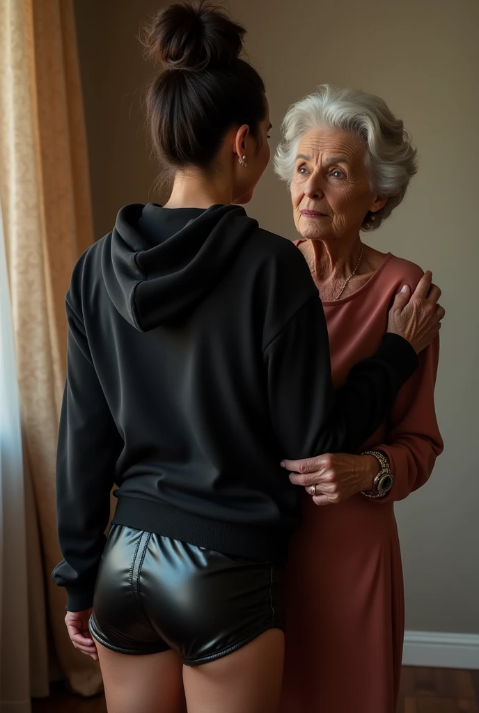 black woman hair in a bun black hoodie black leather short shorts being fucked in the ass by a old grandma in a dress