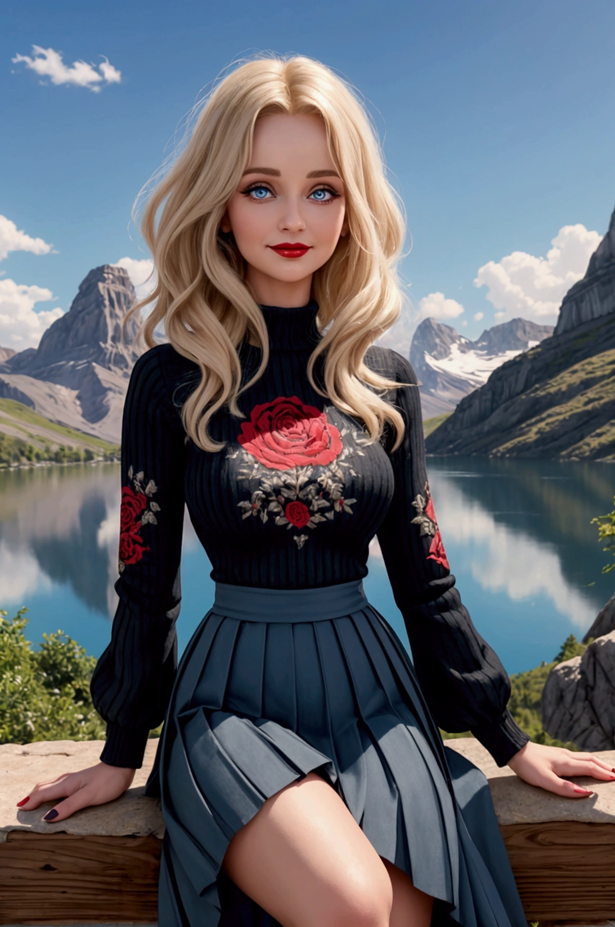 A Blonde Woman With Messy Hair, Pale Skin, & Red Lipstick On A Rock Overlooking A Mountain Valley & Alpine Lake. Wears A Dress With Woodcut Patterns, A Black Knee-Length Pleated Skirt With Blue Embroidery, & A Norwegian Sweater With Rosemaled Designs. Her Face Is Round With Full Features & A Wide Smile, Her Eyes Are Detailed And Wide, & She Poses Dynamically. Digital Painting Is In 4K Ultra HD, Rococo-Inspired Fantasy Art With Intricate Details. She Has A Cute, Charming Expression & A Alluring-Gaze, With Beautiful Blue Eyes & An-Ideal-Hourglass-Figure. Dawn Wells.
